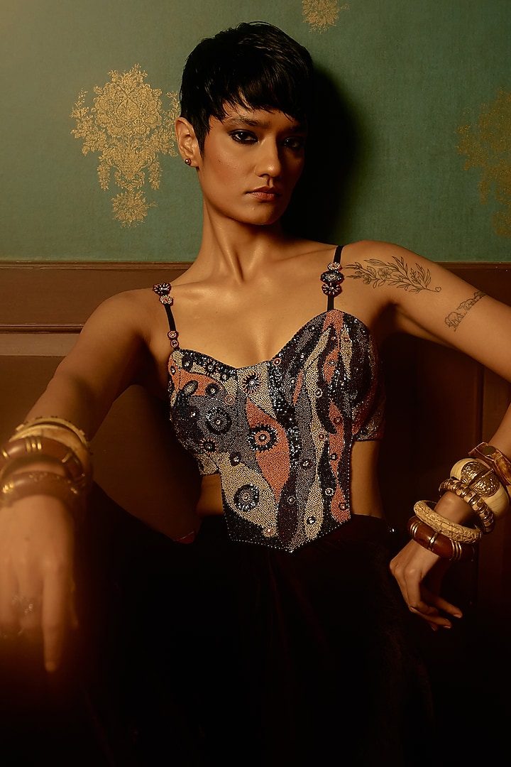 Black Micro Velvet Boota Work Draped Wedding Saree Set by THE KLUB BY REETI ARNEJA at Pernia's Pop Up Shop
