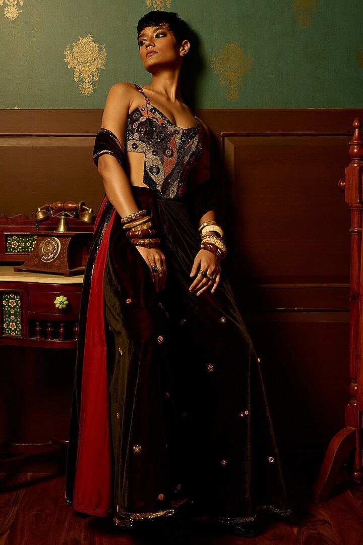 Black Micro Velvet Boota Work Draped Wedding Saree Set by THE KLUB BY REETI ARNEJA at Pernia's Pop Up Shop