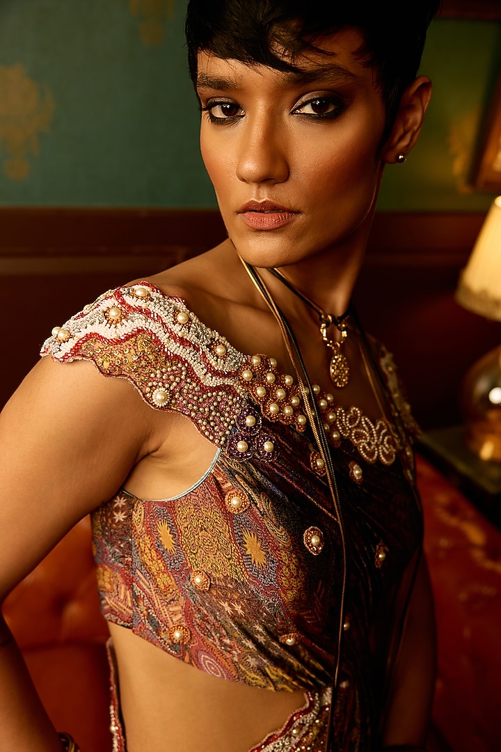 Multi-Colored Double Georgette Printed Off-Shoulder Draped Engagement Gown by THE KLUB BY REETI ARNEJA at Pernia's Pop Up Shop