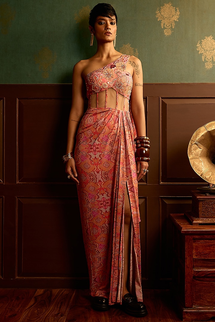 Prism Pink Double Georgette Printed One-Shoulder Draped Party Wear Gown by THE KLUB BY REETI ARNEJA at Pernia's Pop Up Shop