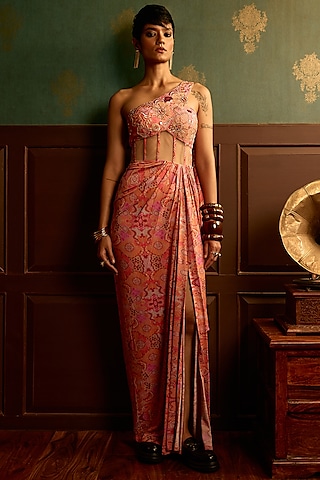 Prism Pink Double Georgette Printed One-Shoulder Draped Gown by THE KLUB BY REETI ARNEJA