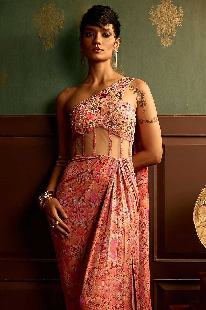 Prism Pink Double Georgette Printed One-Shoulder Draped Engagement Gown by THE KLUB BY REETI ARNEJA at Pernia's Pop Up Shop