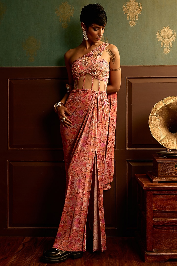 Prism Pink Double Georgette Printed One-Shoulder Draped Engagement Gown by THE KLUB BY REETI ARNEJA at Pernia's Pop Up Shop