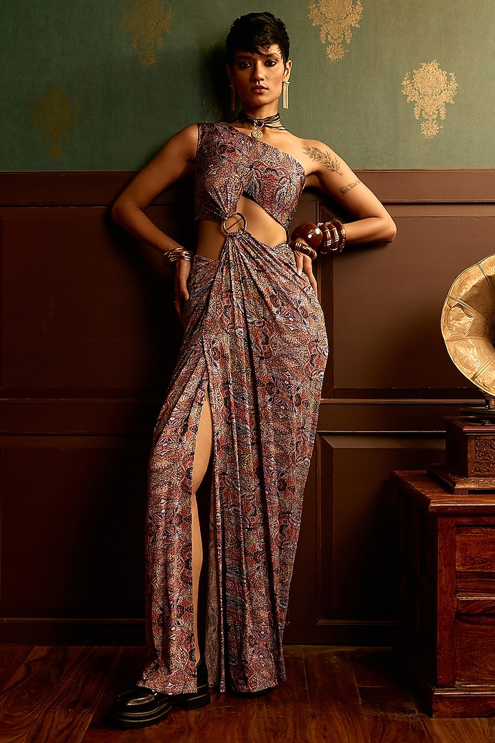Prism Brown Double Georgette Printed One-Shoulder Draped Party Wear Gown by THE KLUB BY REETI ARNEJA at Pernia's Pop Up Shop