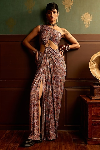 Prism Brown Double Georgette Printed One-Shoulder Draped Gown by THE KLUB BY REETI ARNEJA