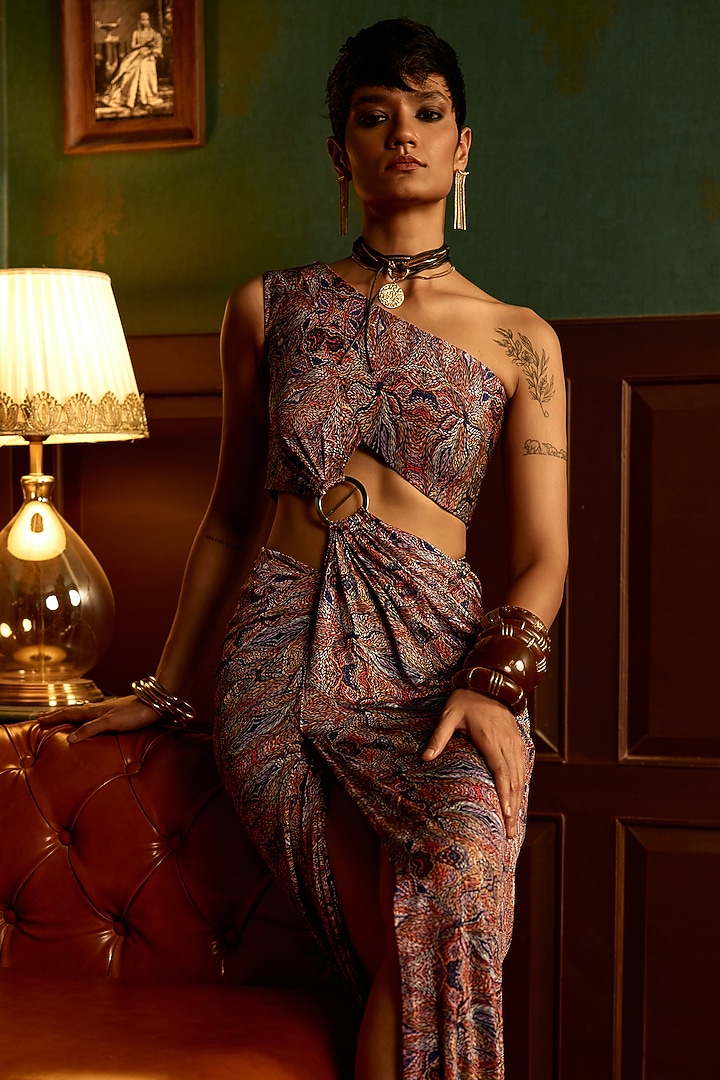 Prism Brown Double Georgette Printed One-Shoulder Draped Party Wear Gown by THE KLUB BY REETI ARNEJA at Pernia's Pop Up Shop