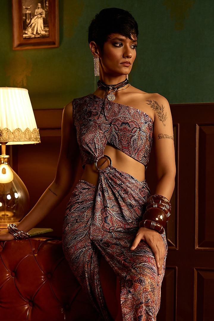 Prism Brown Double Georgette Printed One-Shoulder Draped Party Wear Gown by THE KLUB BY REETI ARNEJA at Pernia's Pop Up Shop