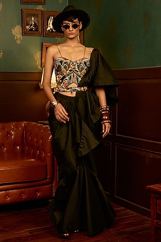Black Taffeta Silk Ruffled Skirt Set by THE KLUB BY REETI ARNEJA