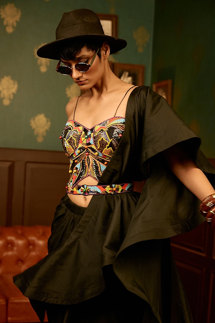 Black Taffeta Silk Ruffled Skirt Set by THE KLUB BY REETI ARNEJA at Pernia's Pop Up Shop
