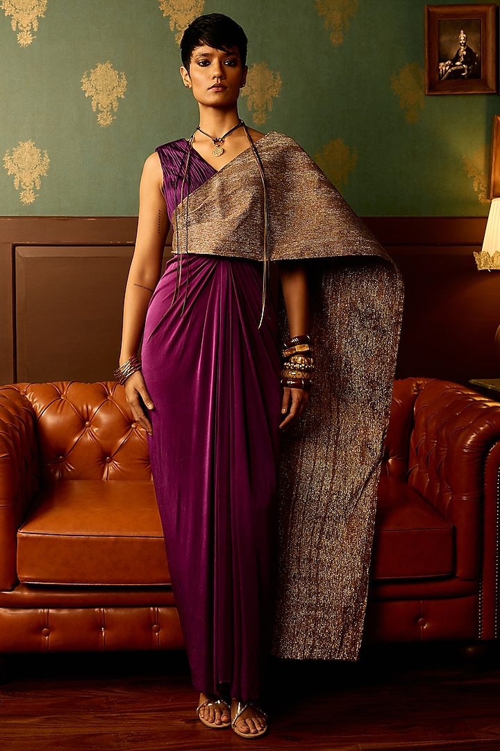 Purple & Golden Butter Lycra Draped Party Wear Gown by THE KLUB BY REETI ARNEJA at Pernia's Pop Up Shop