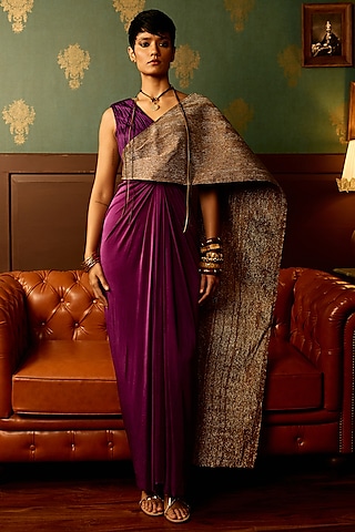 Purple & Golden Butter Lycra Draped Gown by THE KLUB BY REETI ARNEJA