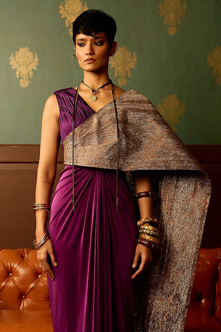 Purple & Golden Butter Lycra Draped Party Wear Gown by THE KLUB BY REETI ARNEJA at Pernia's Pop Up Shop