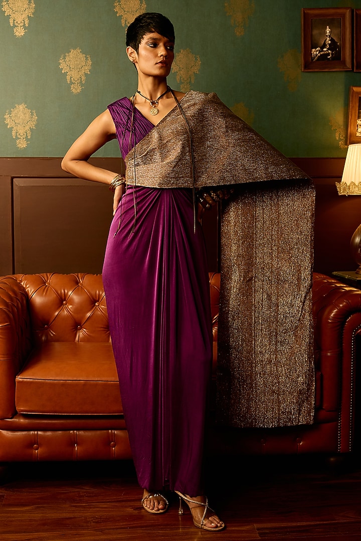 Purple & Golden Butter Lycra Draped Party Wear Gown by THE KLUB BY REETI ARNEJA at Pernia's Pop Up Shop