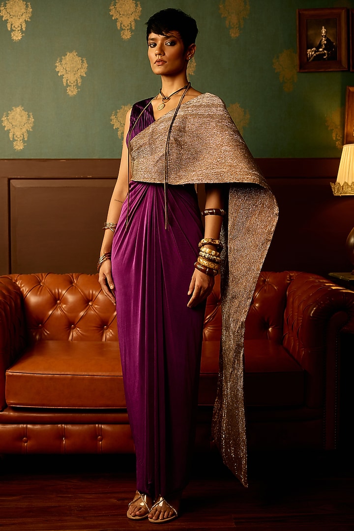 Purple & Golden Butter Lycra Draped Party Wear Gown by THE KLUB BY REETI ARNEJA at Pernia's Pop Up Shop