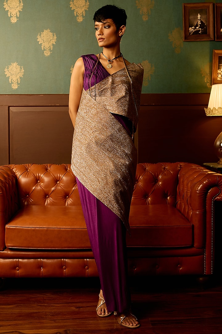 Purple & Golden Butter Lycra Draped Party Wear Gown by THE KLUB BY REETI ARNEJA at Pernia's Pop Up Shop