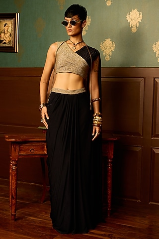 Black Butter Lycra Draped Skirt Set by THE KLUB BY REETI ARNEJA