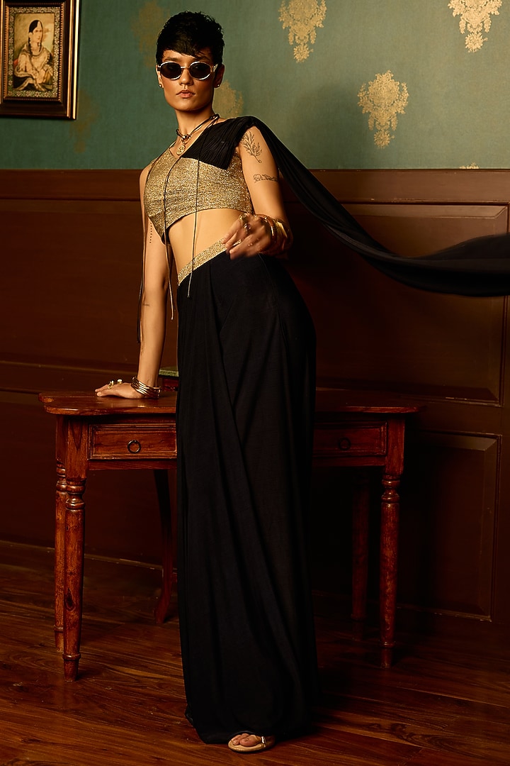 Black Butter Lycra Draped Skirt Set by THE KLUB BY REETI ARNEJA at Pernia's Pop Up Shop