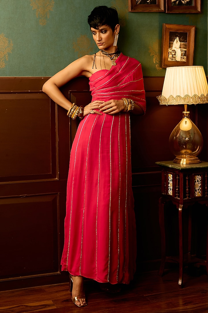 Pink Georgette Draped Party Wear Gown by THE KLUB BY REETI ARNEJA at Pernia's Pop Up Shop