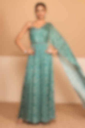 Dark Cyan Chinon Printed Jumpsuit by Kelaayah at Pernia's Pop Up Shop