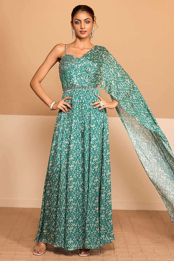 Dark Cyan Chinon Printed Jumpsuit by Kelaayah at Pernia's Pop Up Shop