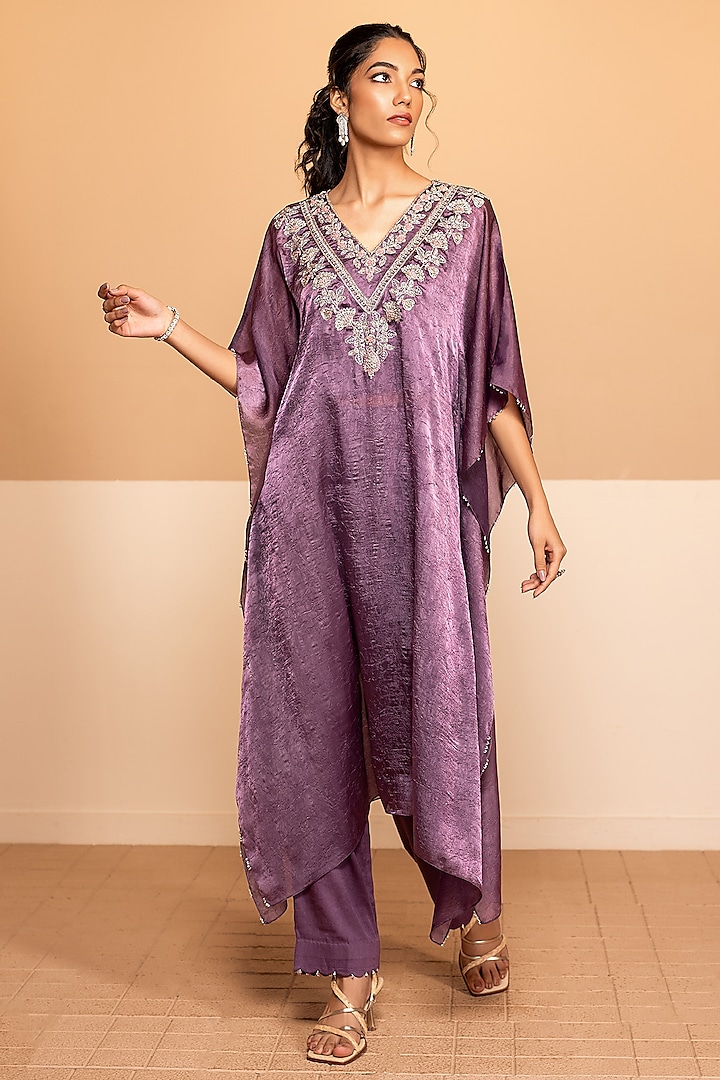 Purple Dior Silk Dabka Embroidered Kaftan Set by Kelaayah