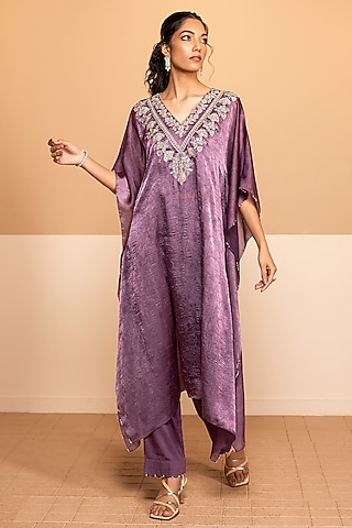 Purple Dior Silk Dabka Embroidered Kaftan Set by Kelaayah