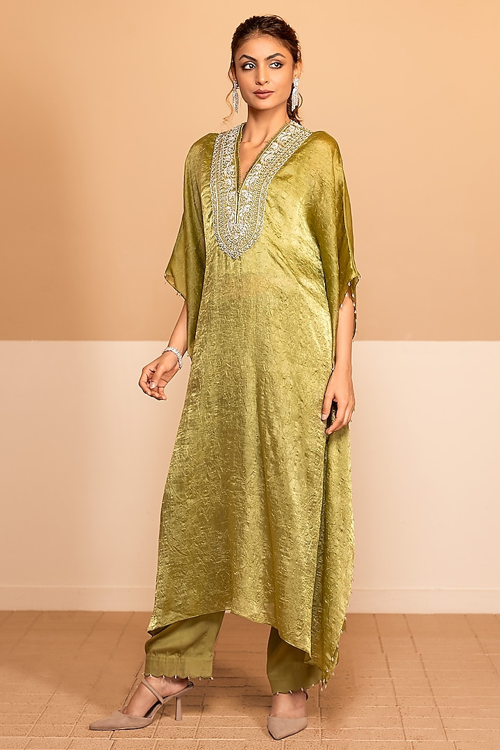 Green Dior Silk Dabka Embroidered Kaftan Set by Kelaayah