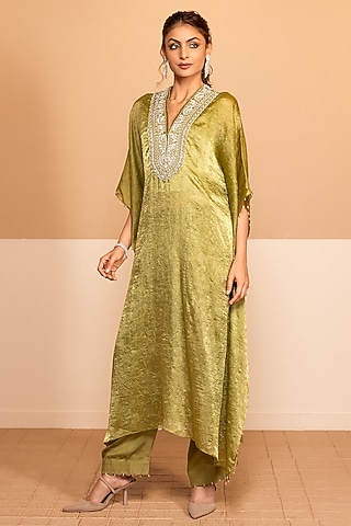 Green Dior Silk Dabka Embroidered Kaftan Set by Kelaayah
