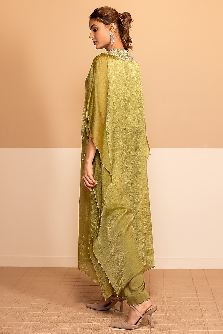 Green Dior Silk Dabka Embroidered Kaftan Set by Kelaayah at Pernia's Pop Up Shop