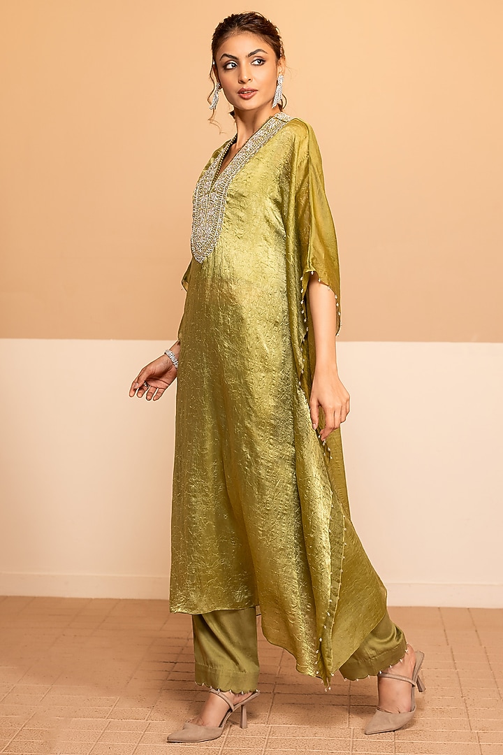Green Dior Silk Dabka Embroidered Kaftan Set by Kelaayah at Pernia's Pop Up Shop