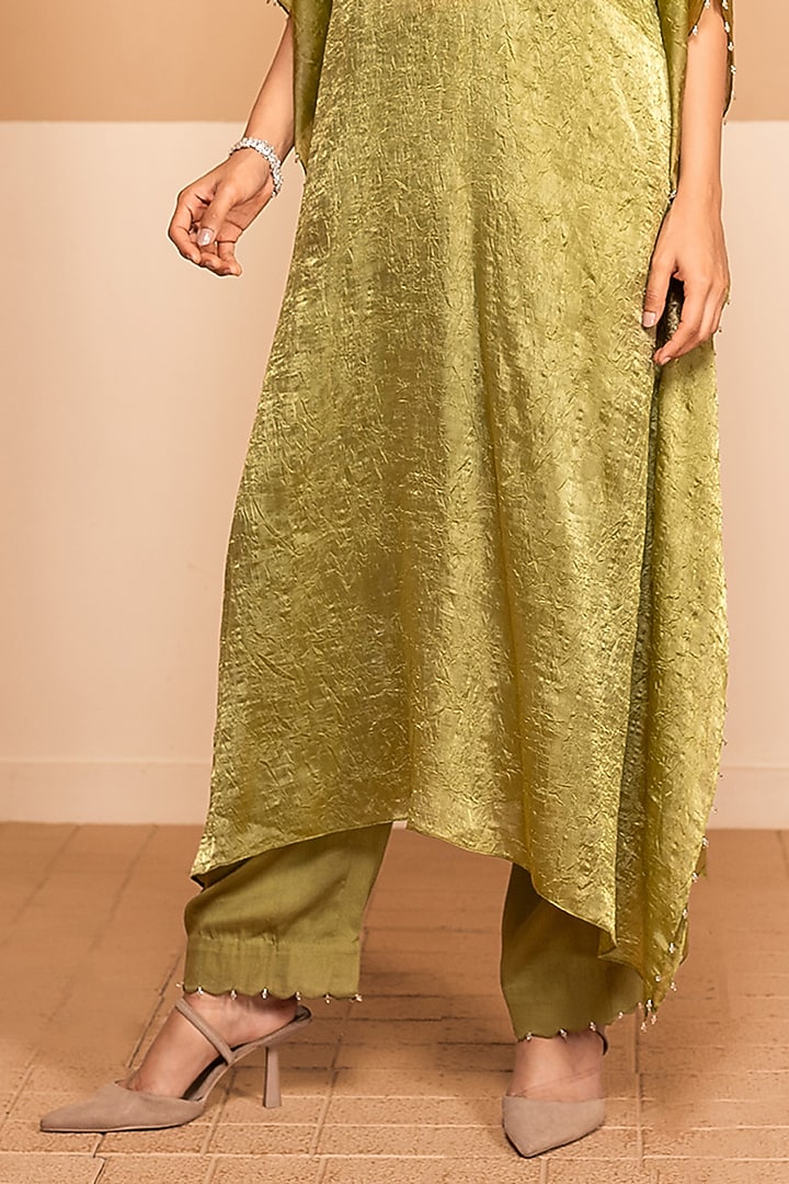 Green Dior Silk Dabka Embroidered Kaftan Set by Kelaayah at Pernia's Pop Up Shop