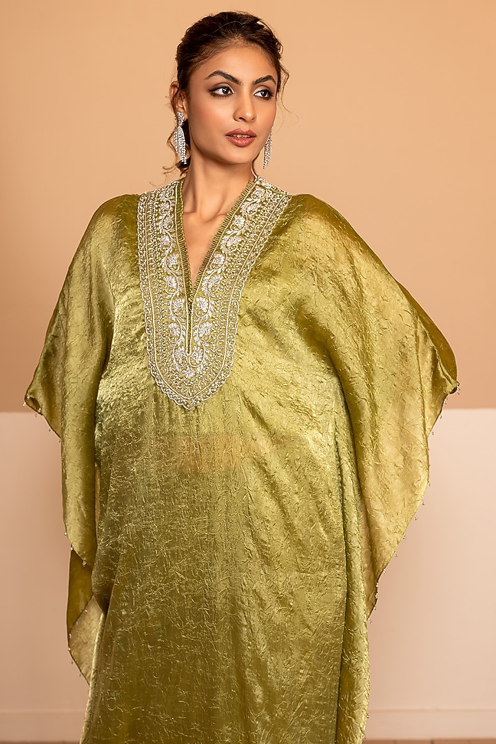Green Dior Silk Dabka Embroidered Kaftan Set by Kelaayah at Pernia's Pop Up Shop