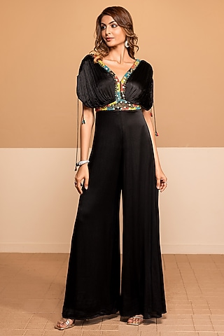 Black Satin Chinon Bead Embroidered Jumpsuit by Kelaayah