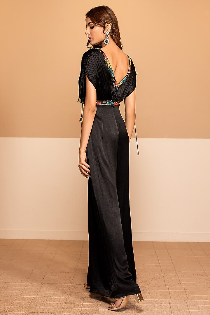 Black Satin Chinon Bead Embroidered Jumpsuit by Kelaayah at Pernia's Pop Up Shop