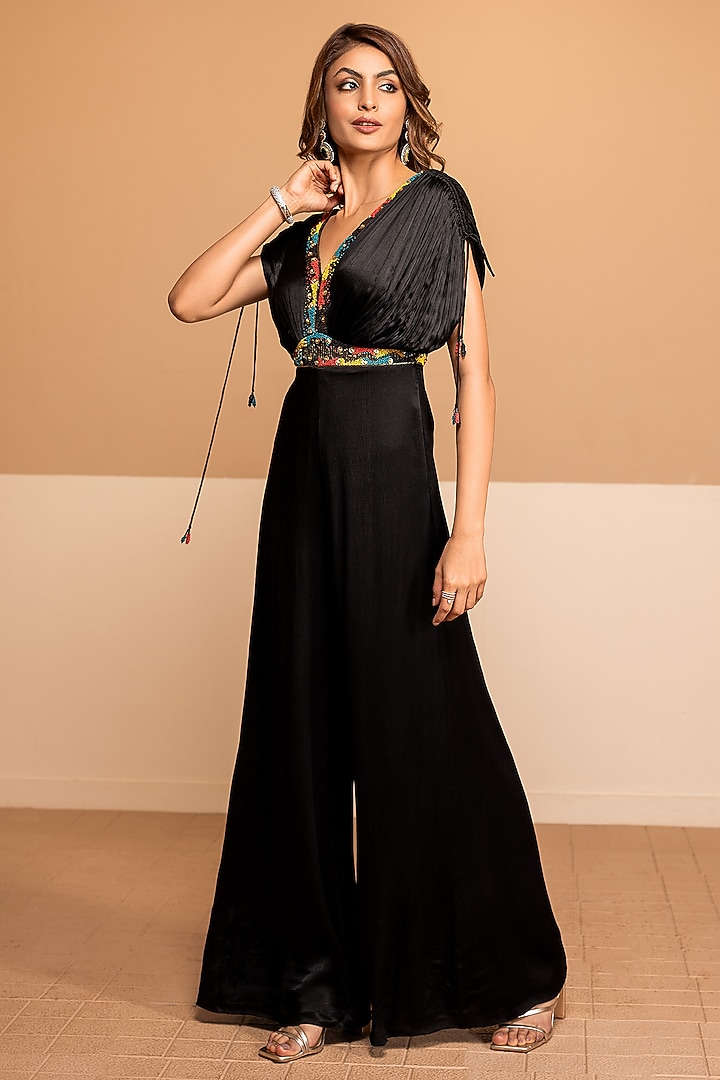 Black Satin Chinon Bead Embroidered Jumpsuit by Kelaayah at Pernia's Pop Up Shop