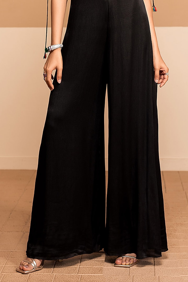 Black Satin Chinon Bead Embroidered Jumpsuit by Kelaayah at Pernia's Pop Up Shop