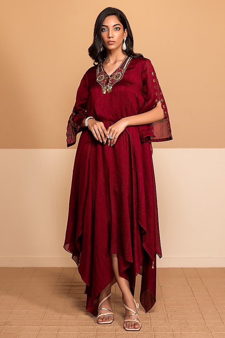 Scarlet Red Imported Silk Sequins Embroidered Asymmetric Dress by Kelaayah