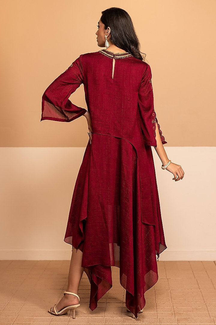 Scarlet Red Imported Silk Sequins Embroidered Asymmetric Summer Dress by Kelaayah at Pernia's Pop Up Shop