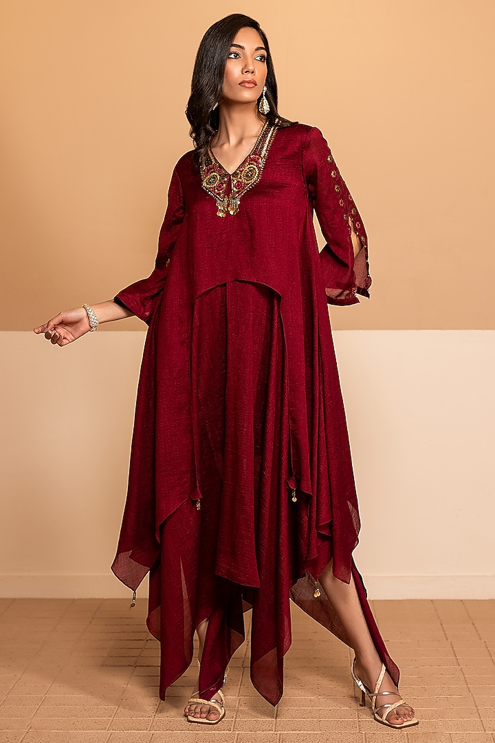 Scarlet Red Imported Silk Sequins Embroidered Asymmetric Summer Dress by Kelaayah at Pernia's Pop Up Shop