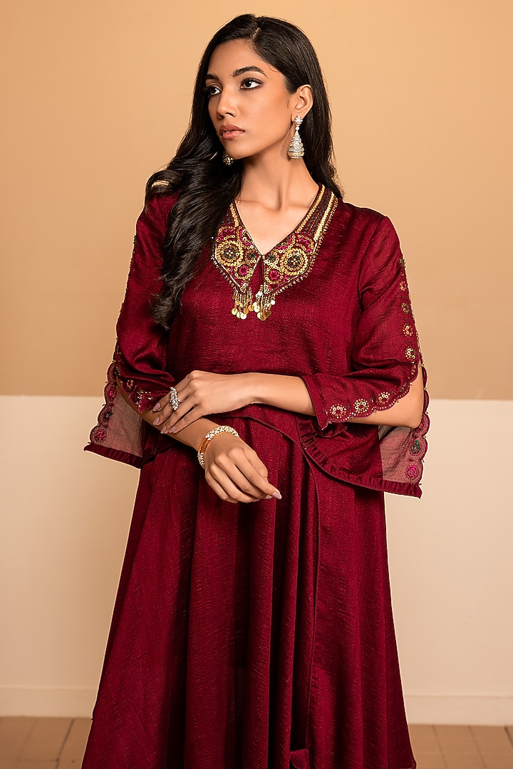 Scarlet Red Imported Silk Sequins Embroidered Asymmetric Summer Dress by Kelaayah at Pernia's Pop Up Shop