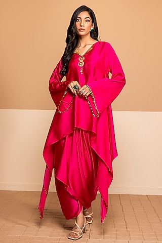 Fuchsia Satin Crepe Embroidered Asymmetric Kurta Set by Kelaayah
