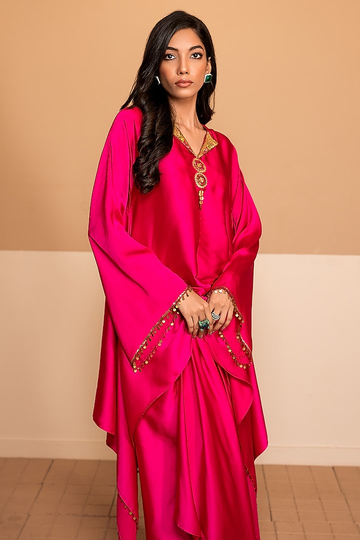 Fuchsia Satin Crepe Embroidered Asymmetric Kurta Set by Kelaayah at Pernia's Pop Up Shop