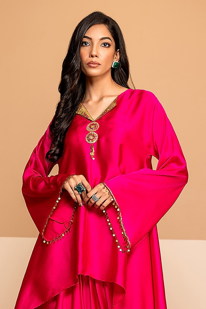 Fuchsia Satin Crepe Embroidered Asymmetric Kurta Set by Kelaayah at Pernia's Pop Up Shop