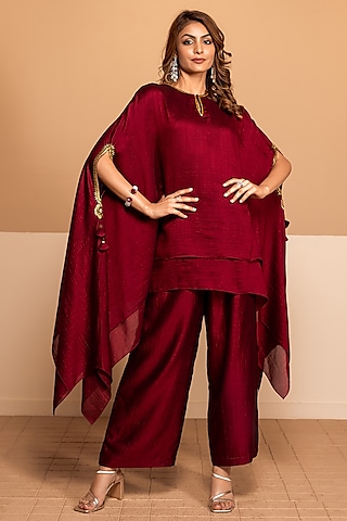 Scarlet Red Imported Silk Embroidered Kaftan Set by Kelaayah