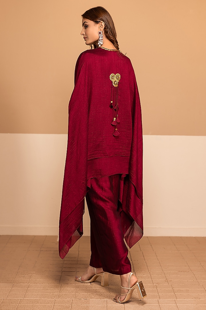 Scarlet Red Imported Silk Embroidered Kaftan Set by Kelaayah at Pernia's Pop Up Shop
