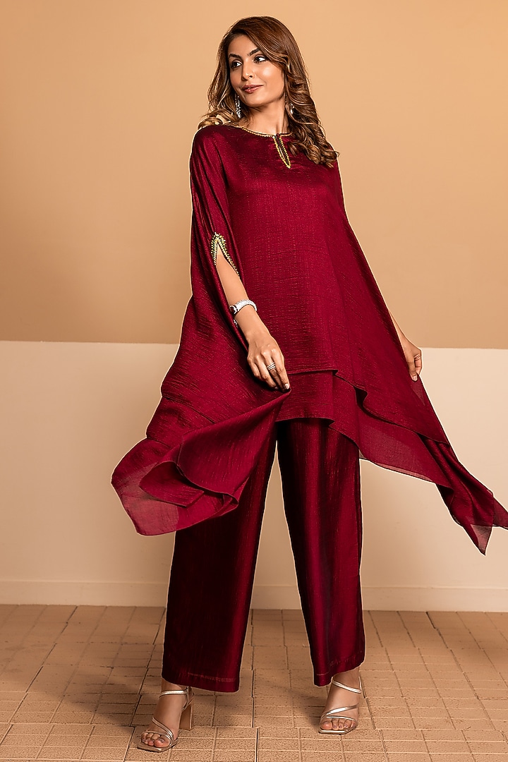 Scarlet Red Imported Silk Embroidered Kaftan Set by Kelaayah at Pernia's Pop Up Shop