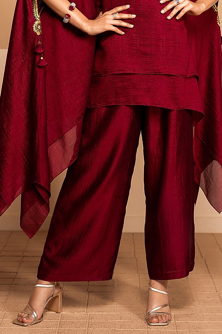 Scarlet Red Imported Silk Embroidered Kaftan Set by Kelaayah at Pernia's Pop Up Shop