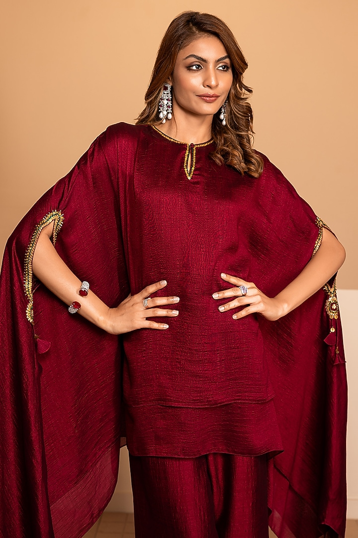 Scarlet Red Imported Silk Embroidered Kaftan Set by Kelaayah at Pernia's Pop Up Shop