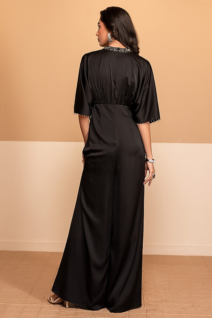 Black Soft Satin Hand Embroidered Jumpsuit by Kelaayah at Pernia's Pop Up Shop