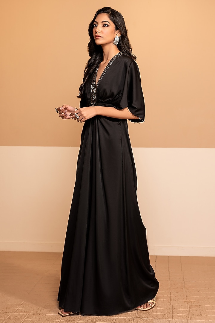Black Soft Satin Hand Embroidered Jumpsuit by Kelaayah at Pernia's Pop Up Shop